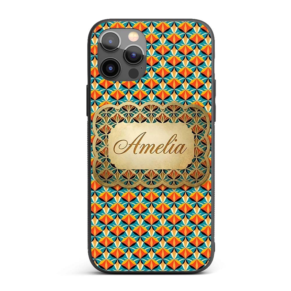 Geometric Fan Pattern Teal Orange Symmetrical Custom Name Protective Phone Case Mobile Cover Durable Everyday Smartphone Shock Resistant
