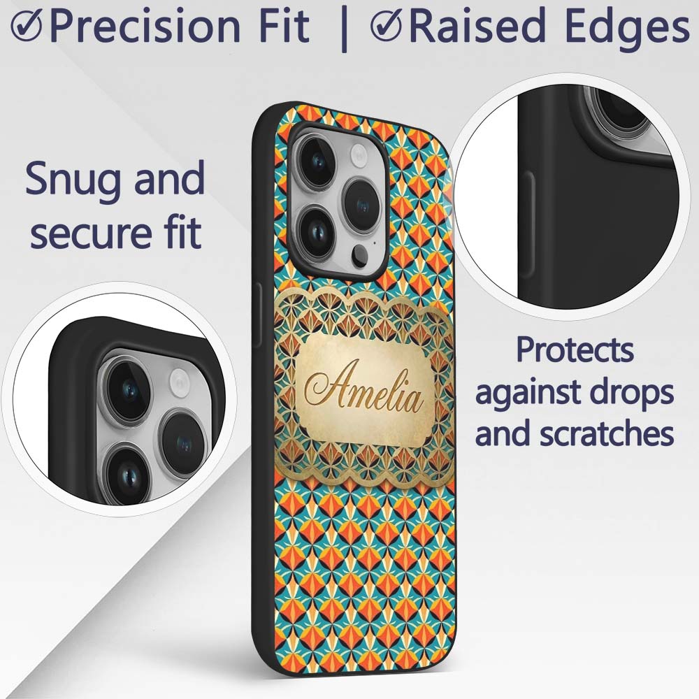 Geometric Fan Pattern Teal Orange Symmetrical Custom Name Protective Phone Case Mobile Cover Durable Everyday Smartphone Shock Resistant