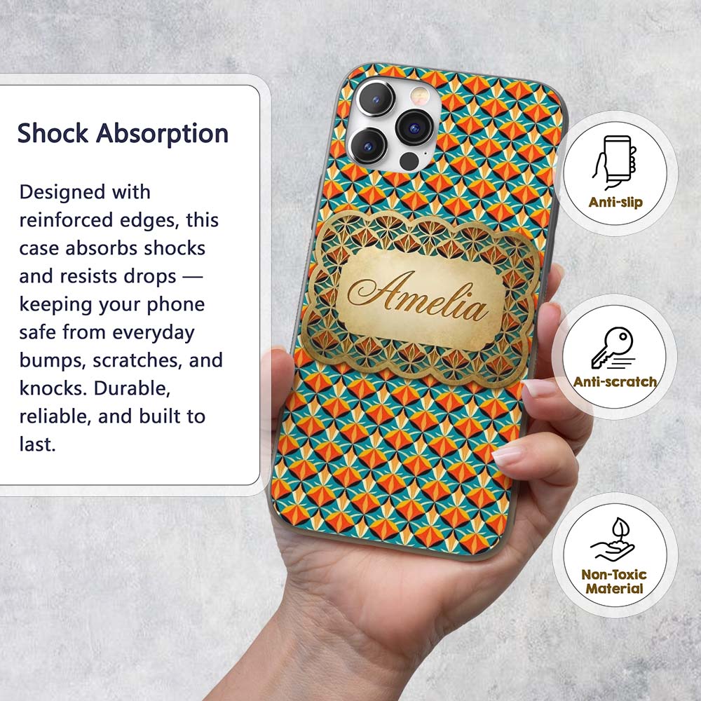 Geometric Fan Pattern Teal Orange Symmetrical Custom Name Protective Phone Case Mobile Cover Durable Everyday Smartphone Shock Resistant