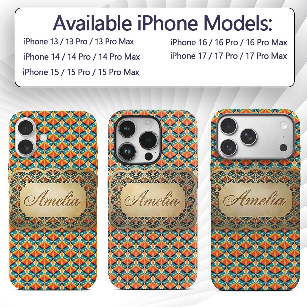 Geometric Fan Pattern Teal Orange Symmetrical Custom Name Protective Phone Case Mobile Cover Durable Everyday Smartphone Shock Resistant