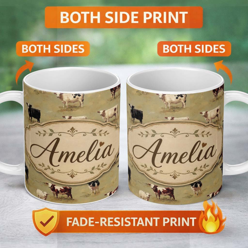 Personalized Custom Name Farm Cow Cattle Pasture Illustration Seamless Pattern Lovely 11oz Ceramic Coffee Tea Mug White Large Handle