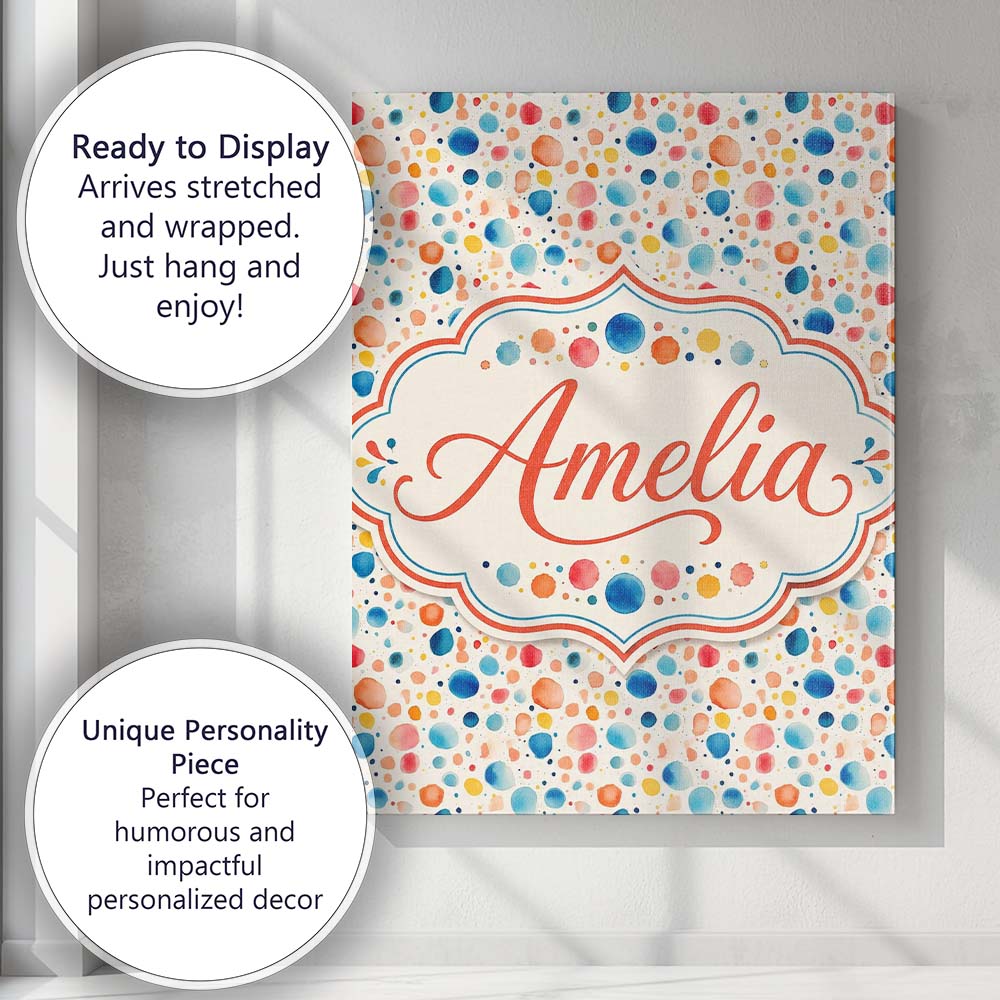 Personalised Name Watercolor Polka Dot Custom Modern Room Accent Elegant Feature Canvas Wall Art Print Decor Picture Ready to Hang