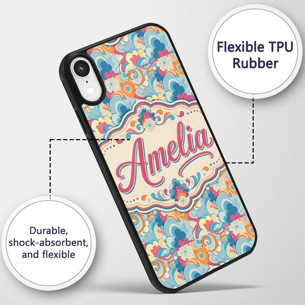 Floral Swirl Pattern Vintage 70s Style Seamless Custom Name Protective Phone Case Mobile Cover Durable Everyday Smartphone Shock Resistant