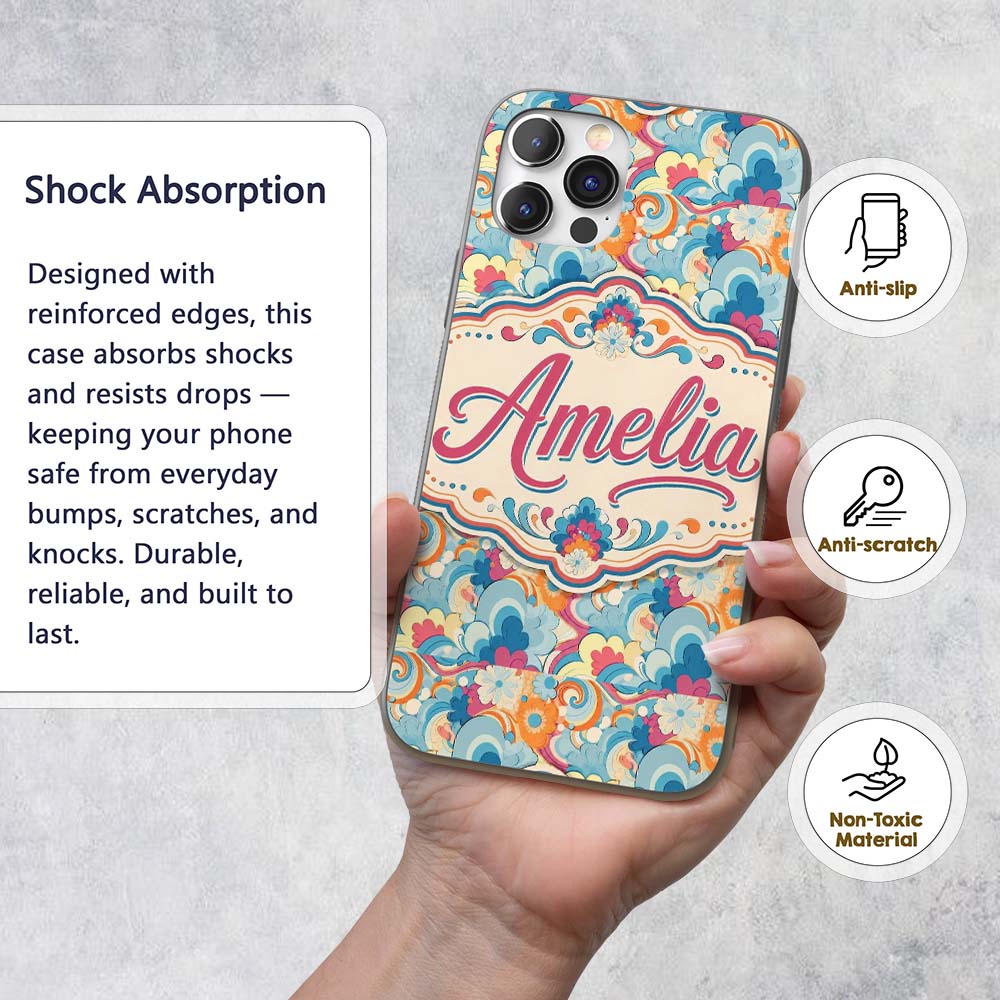 Floral Swirl Pattern Vintage 70s Style Seamless Custom Name Protective Phone Case Mobile Cover Durable Everyday Smartphone Shock Resistant