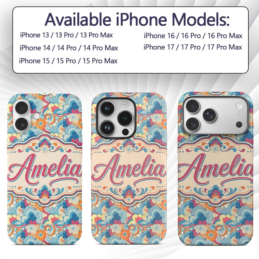 Floral Swirl Pattern Vintage 70s Style Seamless Custom Name Protective Phone Case Mobile Cover Durable Everyday Smartphone Shock Resistant