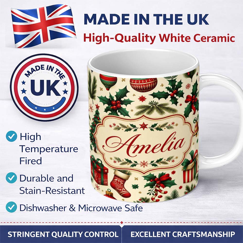 Personalized Custom Name Festive Christmas Gifts Stockings Holly Leaves Bells Seamless Lovely 11oz Ceramic Coffee Tea Mug White Large Handle
