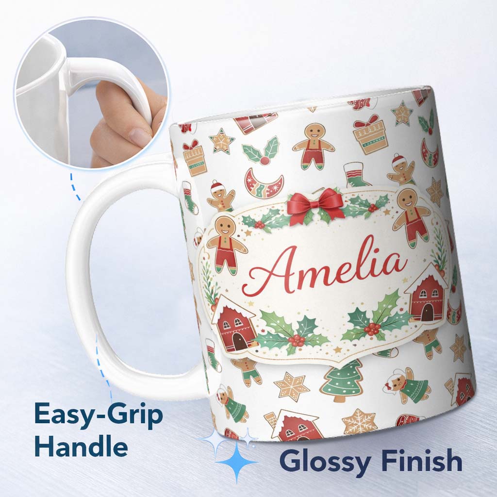 Personalized Custom Name Gingerbread Christmas Cookie Pattern Cute Holiday Seamless Design 11oz Ceramic Coffee Tea Mug White Large Handle