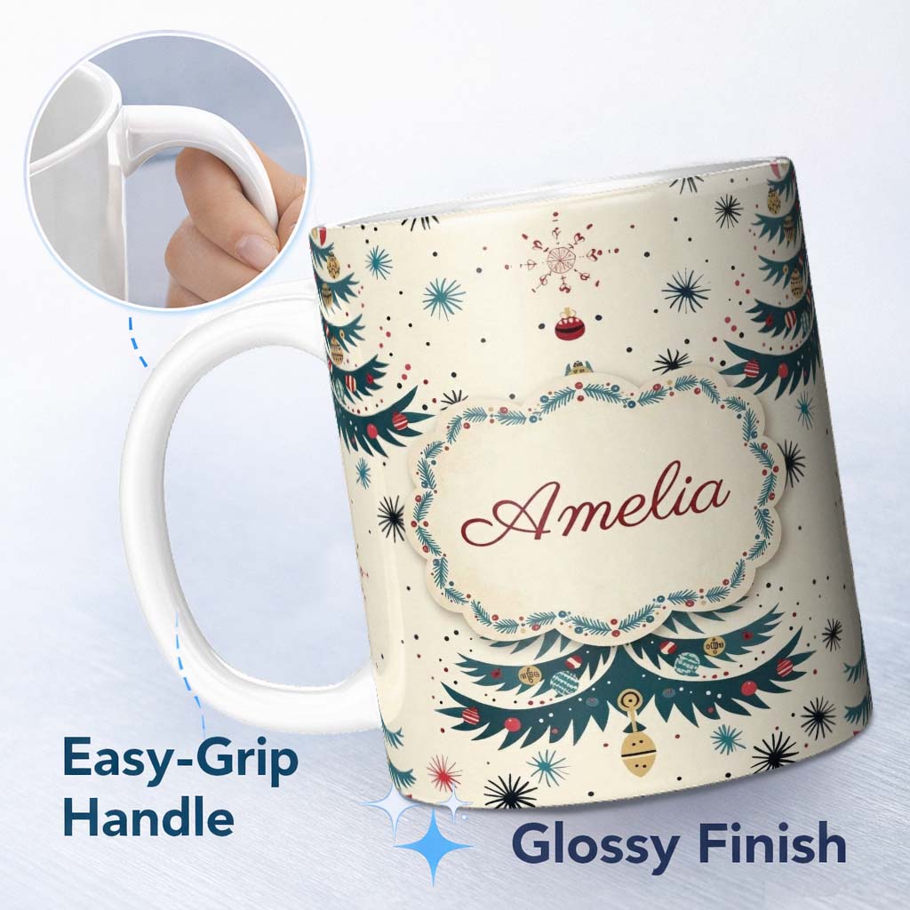 Personalized Custom Name Mid Century Christmas Tree Abstract Stars Seamless Pattern Lovely 11oz Ceramic Coffee Tea Mug White Large Handle