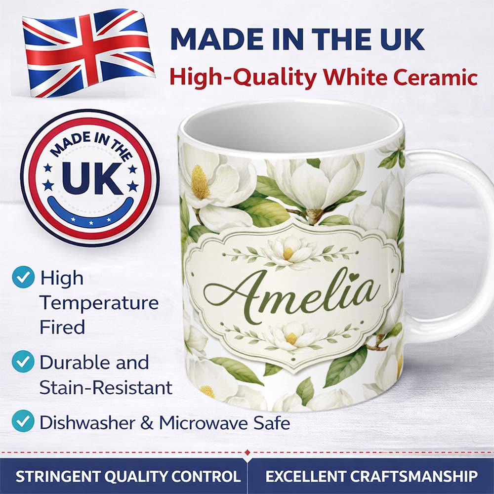 Personalized Custom Name Elegant White Magnolia Flowers and Green Leaves Seamless Pattern 11oz Ceramic Coffee Tea Mug White Large Handle