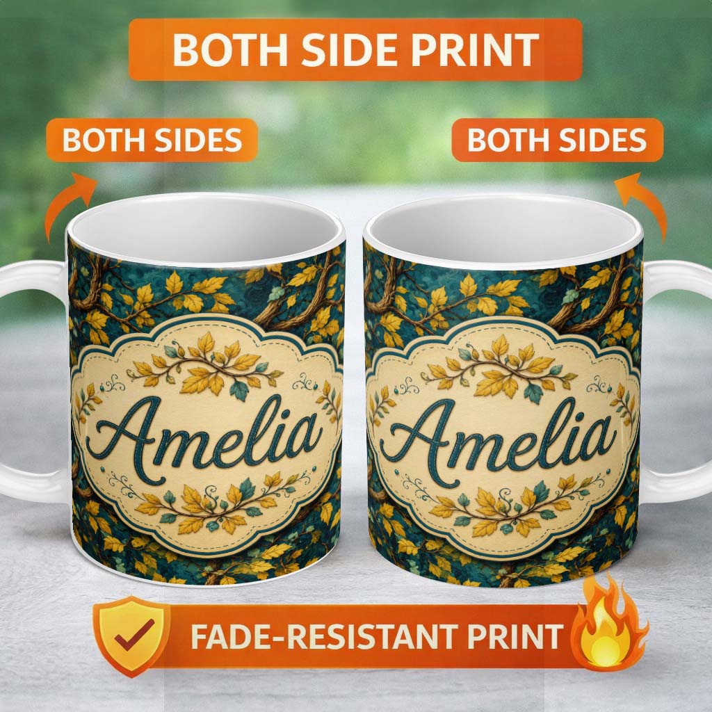 Personalized Custom Name Bold Yellow Leaves on Teal Background Seamless Pattern Lovely 11oz Ceramic Coffee Tea Mug White Large Handle