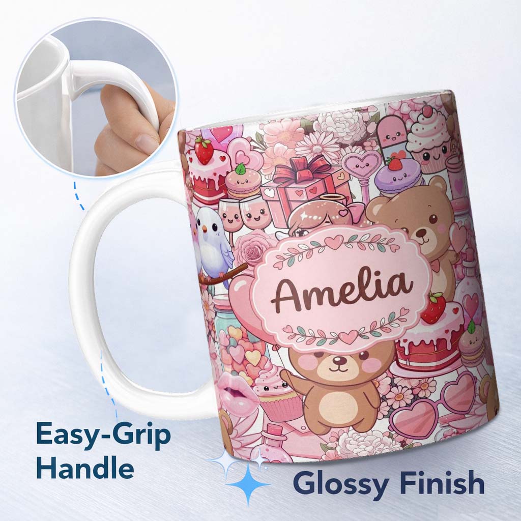 Personalized Custom Name Cute Teddy Bear Cupid Cakes Hearts Flowers Valentine Kawaii White 11oz Ceramic Coffee Tea Mug White Large Handle