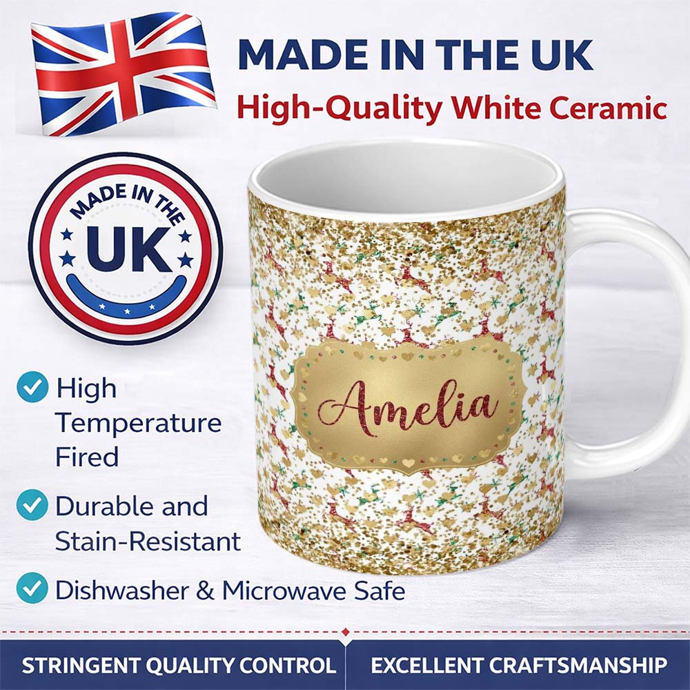 Personalized Custom Name Gold Reindeer Heart Confetti Seamless Pattern Design Christmas 11oz Ceramic Coffee Tea Mug White Large Handle