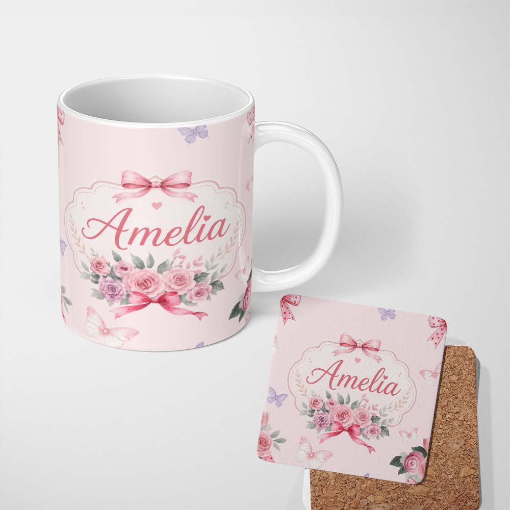 Personalized Custom Name Elegant Watercolor Rose Bouquet Ribbon Butterfly Soft Beige Lovely 11oz Ceramic Coffee Tea Mug White Large Handle