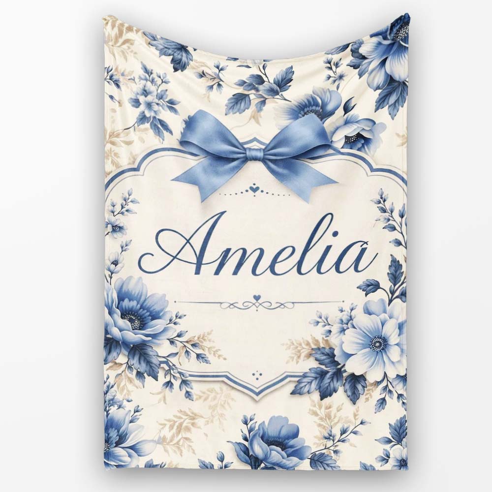 Classic Blue & Cream Floral Vintage Botanical Pattern Lovely Personalised Custom Name Super Soft Fleece Blanket Bed Sofa Throw