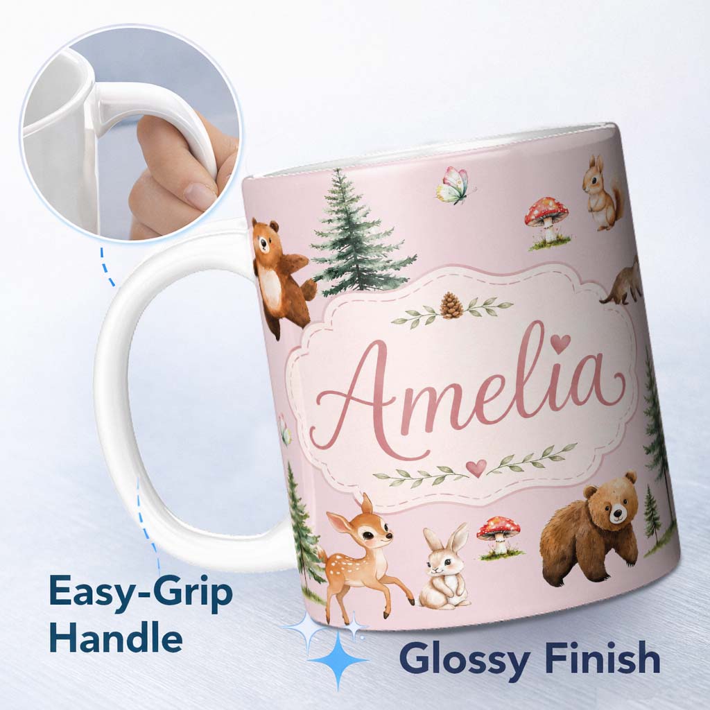 Personalized Custom Name Bear Bunny Deer Squirrel Trees Mushrooms Butterfly Soft Pink 11oz Ceramic Coffee Tea Mug White Large Handle