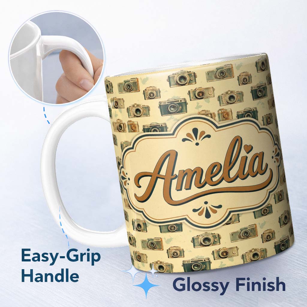 Personalized Custom Name Retro Camera and Film Device Seamless Pattern with Classic Lovely 11oz Ceramic Coffee Tea Mug White Large Handle