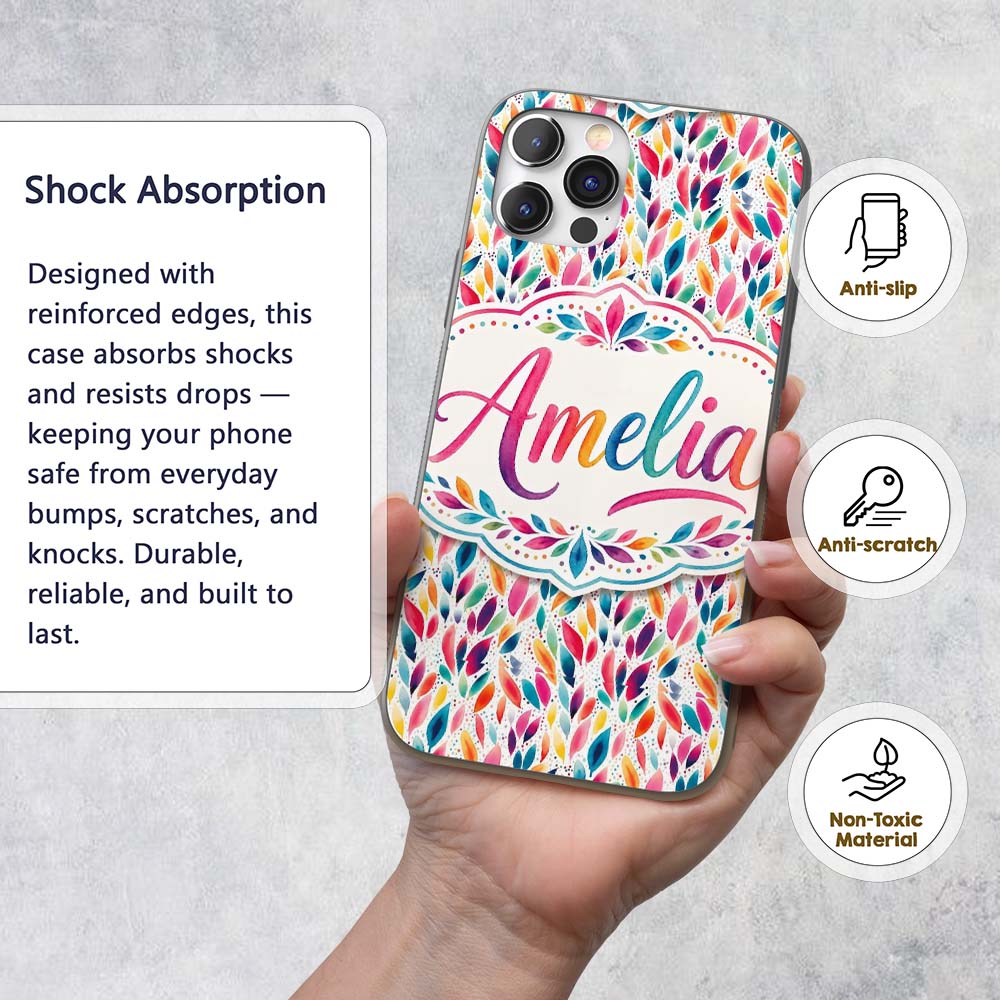 Colorful Watercolor Leaf Pattern Printed Design Custom Name Protective Phone Case Mobile Cover Durable Everyday Smartphone Shock Resistant