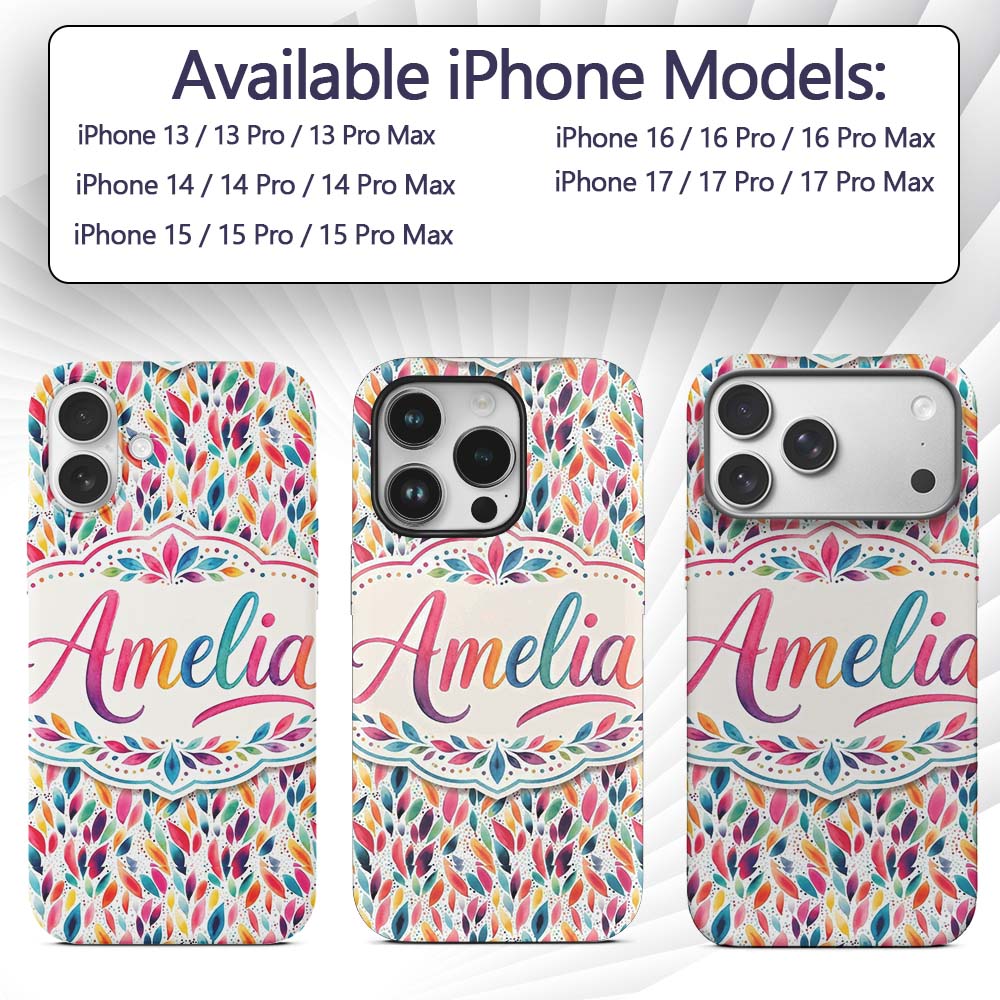 Colorful Watercolor Leaf Pattern Printed Design Custom Name Protective Phone Case Mobile Cover Durable Everyday Smartphone Shock Resistant