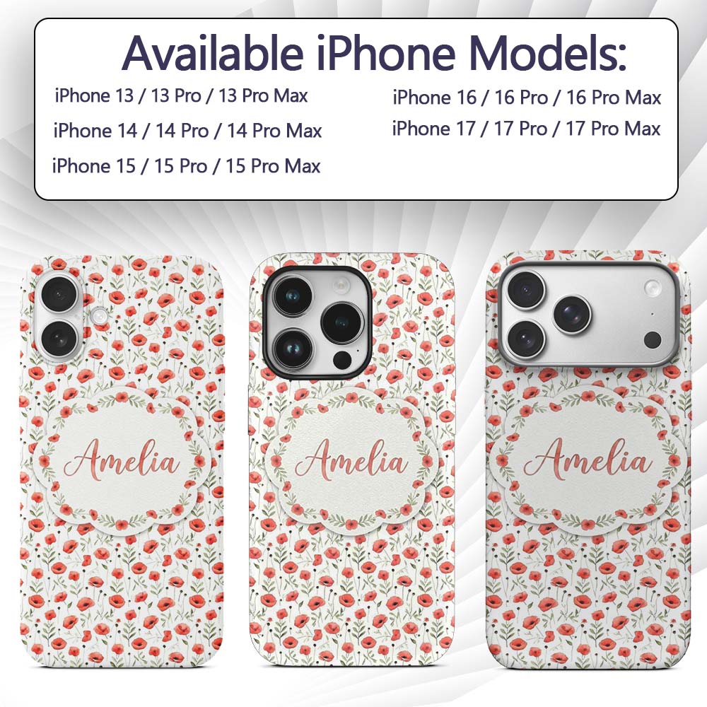 Delicate Red Poppy Watercolor Floral Pattern Soft Custom Name Protective Phone Case Mobile Cover Durable Everyday Smartphone Shock Resistant