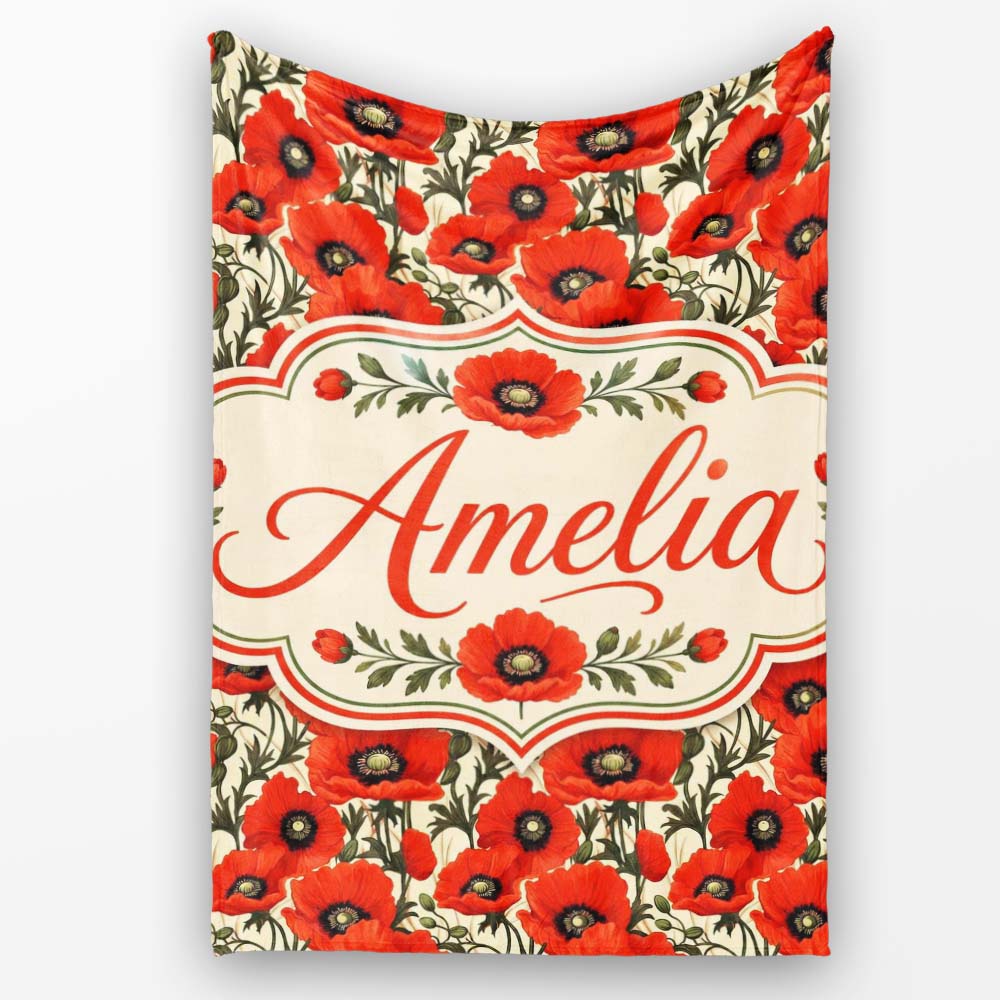 Vintage Poppy Floral Pattern Bold Red Flowers Botanical Seamless Personalised Custom Name Super Soft Fleece Blanket Bed Sofa Throw