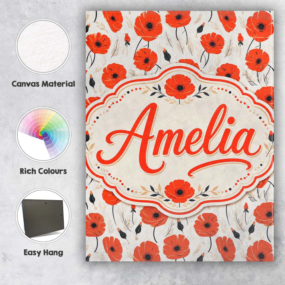 Personalised Name Minimal Red Poppy Floral Custom Unique Gift Idea Elegant Feature Canvas Wall Art Print Decor Picture Ready to Hang