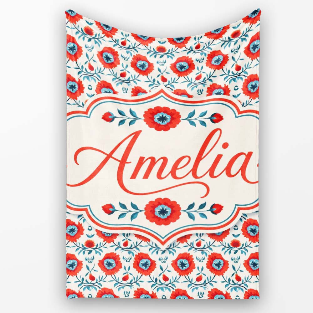 Folk Art Floral Pattern Red Flowers Scandinavian Style Seamless Personalised Custom Name Super Soft Fleece Blanket Bed Sofa Throw