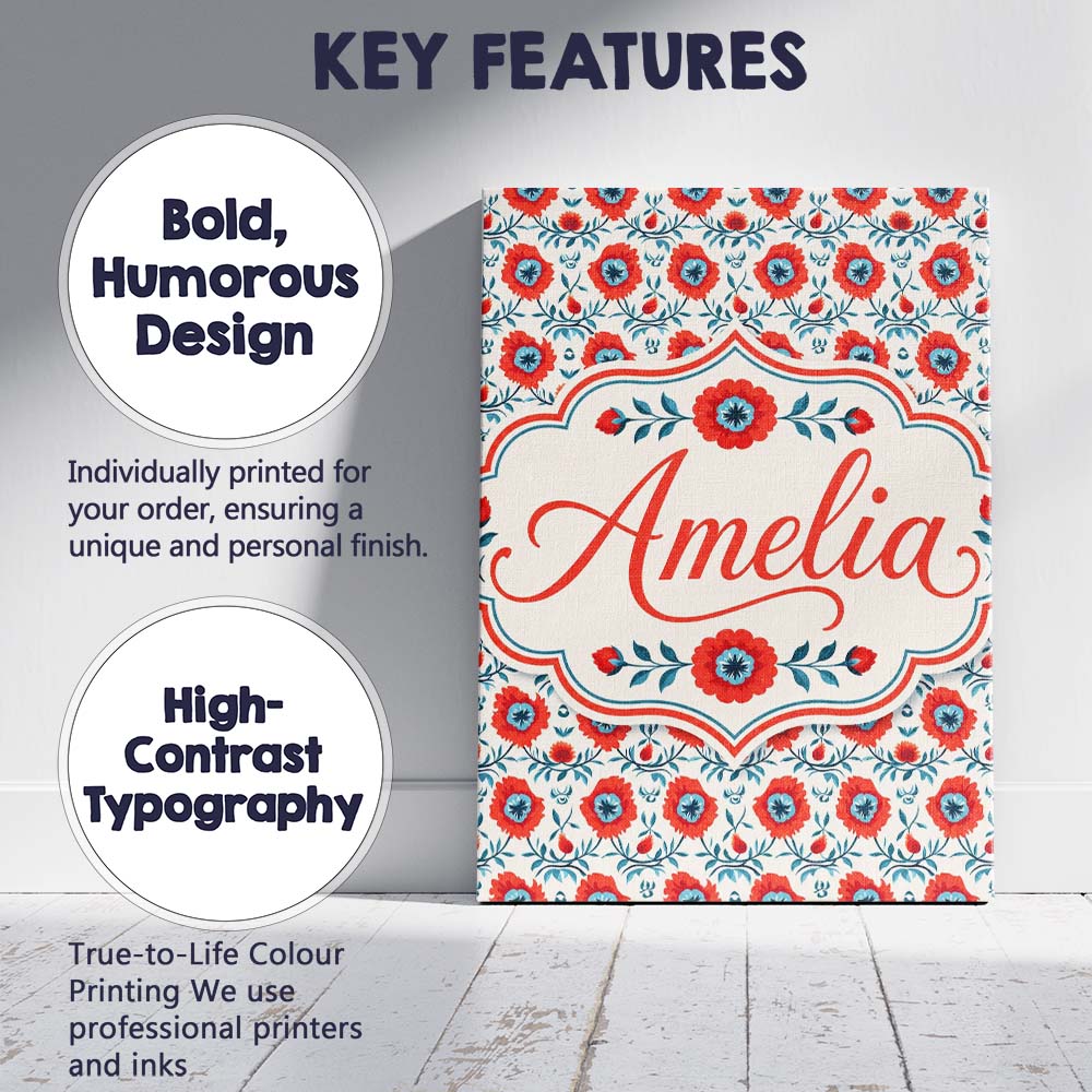 Personalised Name Folk Floral Pattern Custom Unique Gift Idea Modern Room Accent Canvas Wall Art Print Decor Picture Ready to Hang