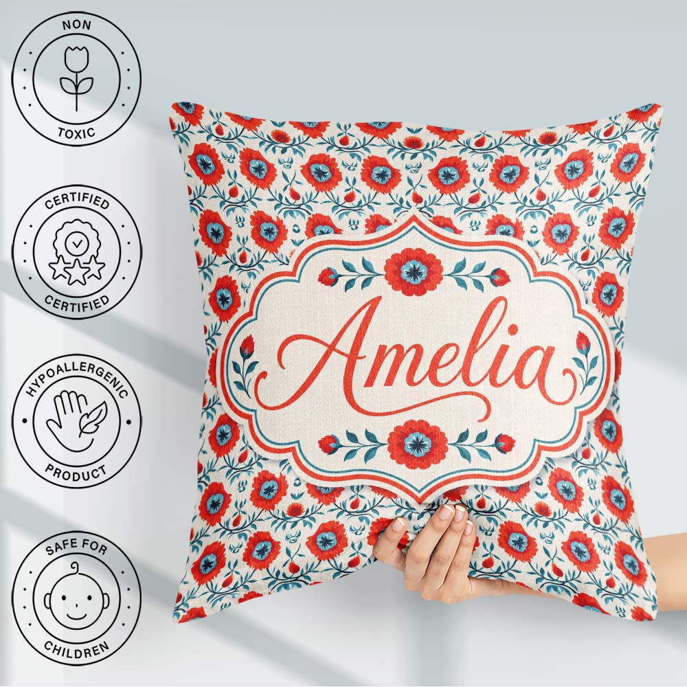 Custom Name Folk Art Floral Pattern Red Flowers Style Seamless Square Filled Cushion Throw Pillow Sofa Bed Home Decor Zip Washable UK Made