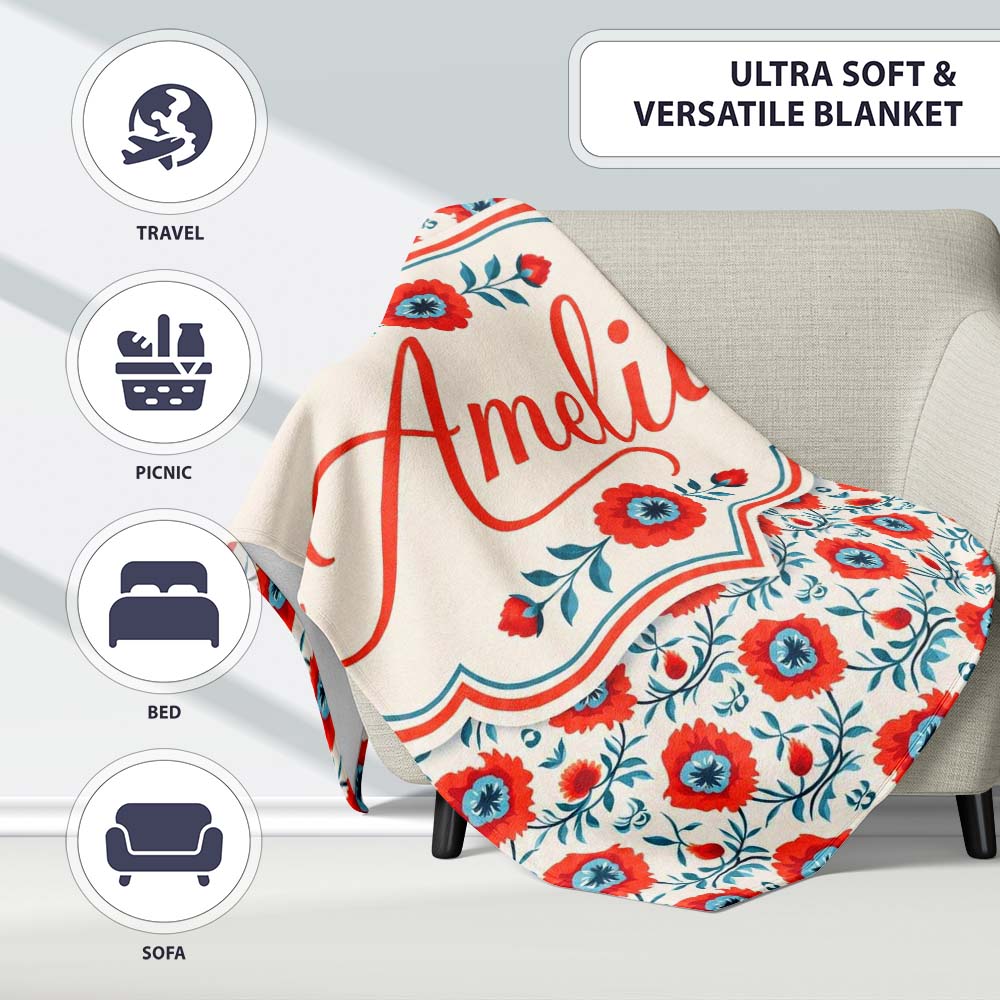 Folk Art Floral Pattern Red Flowers Scandinavian Style Seamless Personalised Custom Name Super Soft Fleece Blanket Bed Sofa Throw