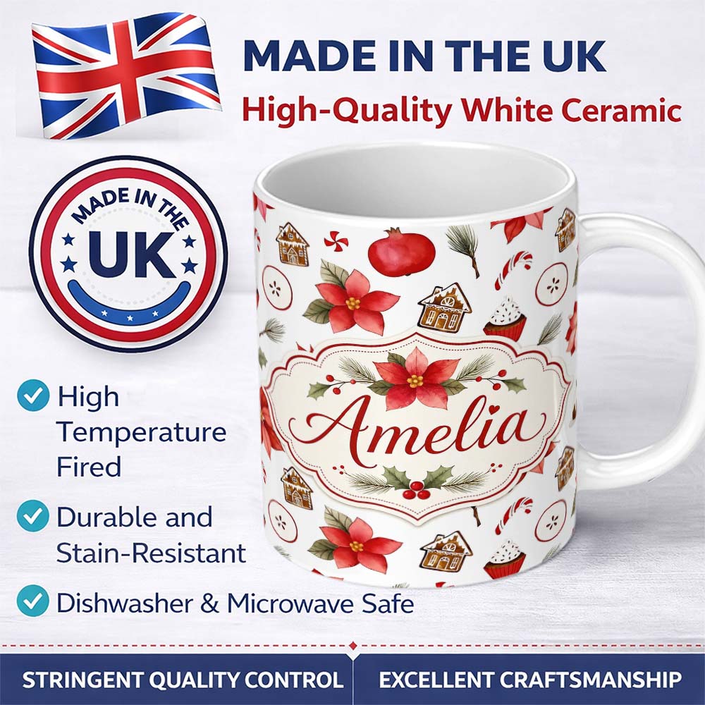 Personalized Custom Name Poinsettia Flower Pomegranate Holiday Treats Seamless Pattern Lovely 11oz Ceramic Coffee Tea Mug White Large Handle