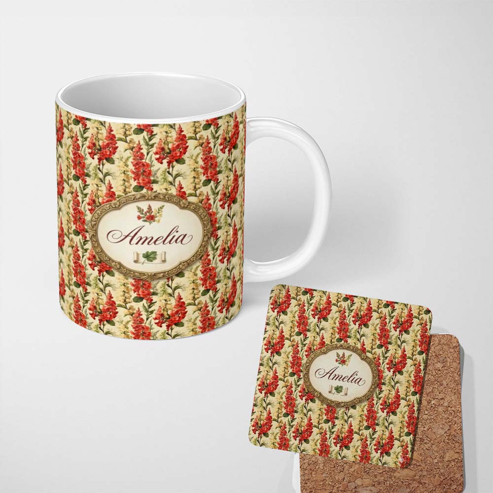 Personalized Custom Name Classic Red Floral Stripe Pattern with Soft Cream Flowers on Beige 11oz Ceramic Coffee Tea Mug White Large Handle