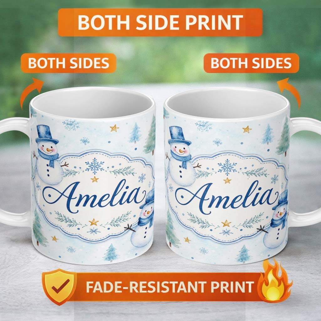Personalized Custom Name Cute Snowman Winter Trees Snowflakes Seamless Pattern Lovely 11oz Ceramic Coffee Tea Mug White Large Handle