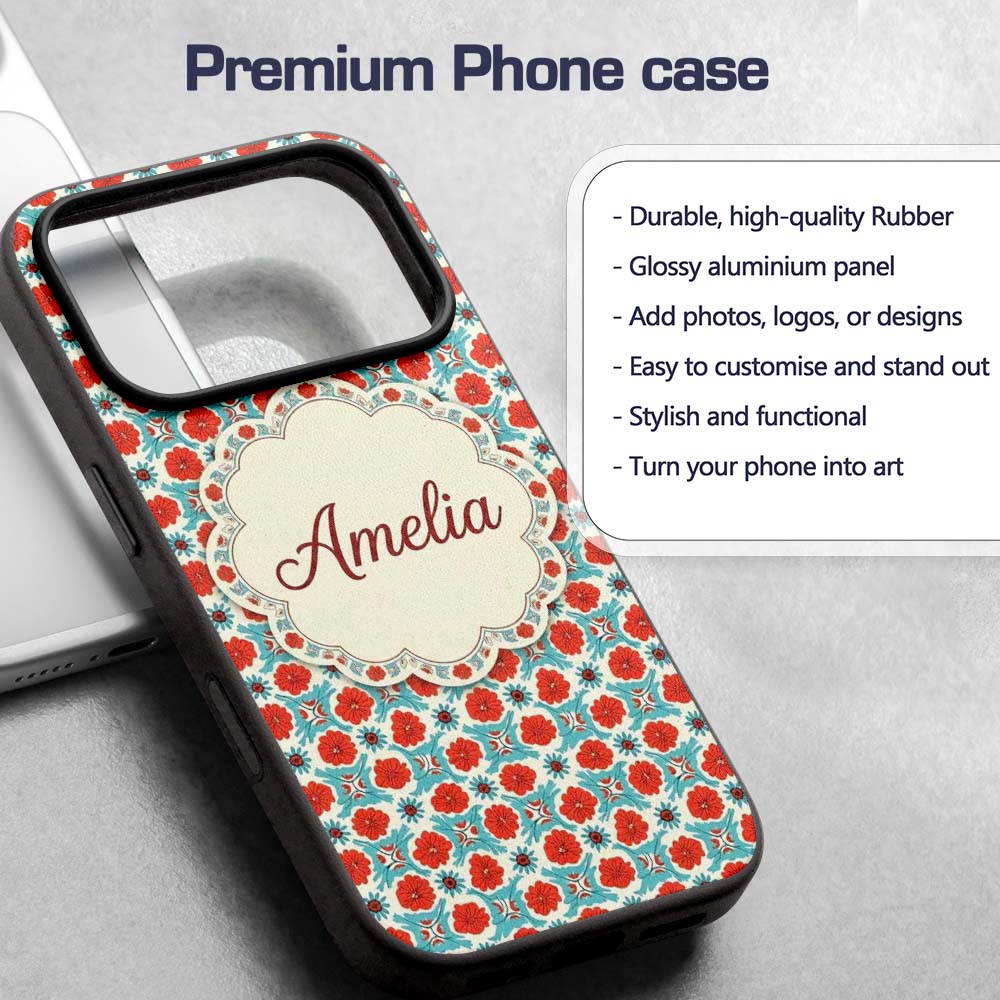 Floral Tile Pattern Red and Blue Printed Design Custom Name Protective Phone Case Mobile Cover Durable Everyday Smartphone Shock Resistant