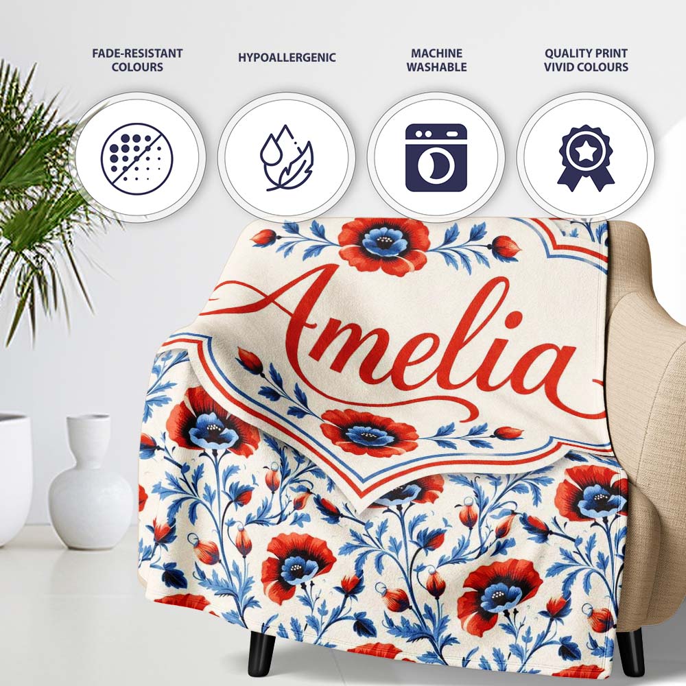 Red and Blue Poppy Floral Pattern Elegant Botanical Seamless Design Personalised Custom Name Super Soft Fleece Blanket Bed Sofa Throw