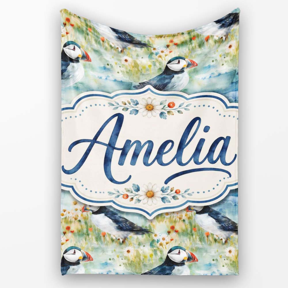 Vintage Puffin Bird and Floral Pattern Botanical Coastal Seamless Personalised Custom Name Super Soft Fleece Blanket Bed Sofa Throw