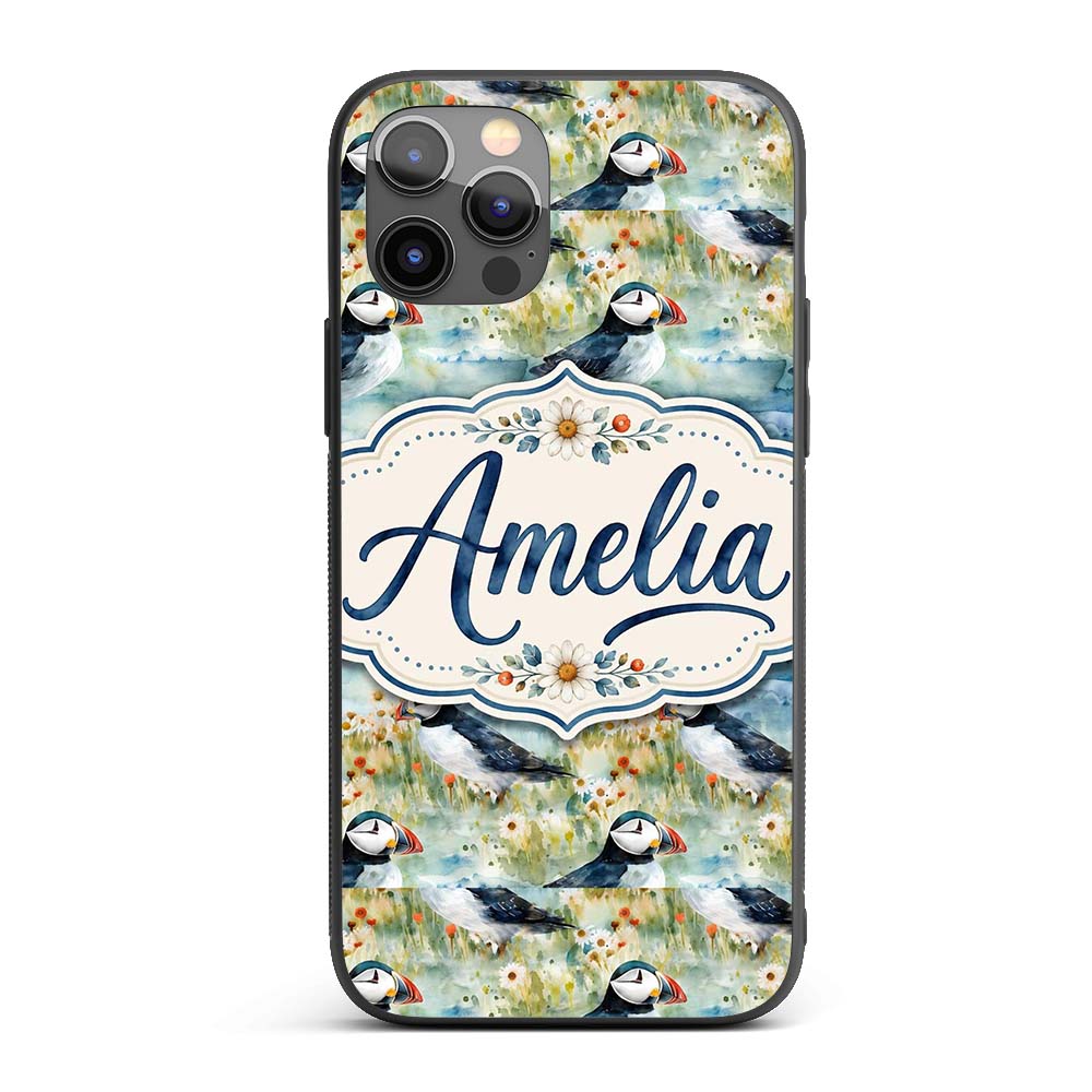 Vintage Puffin Bird and Floral Pattern Botanical Custom Name Protective Phone Case Mobile Cover Durable Everyday Smartphone Shock Resistant