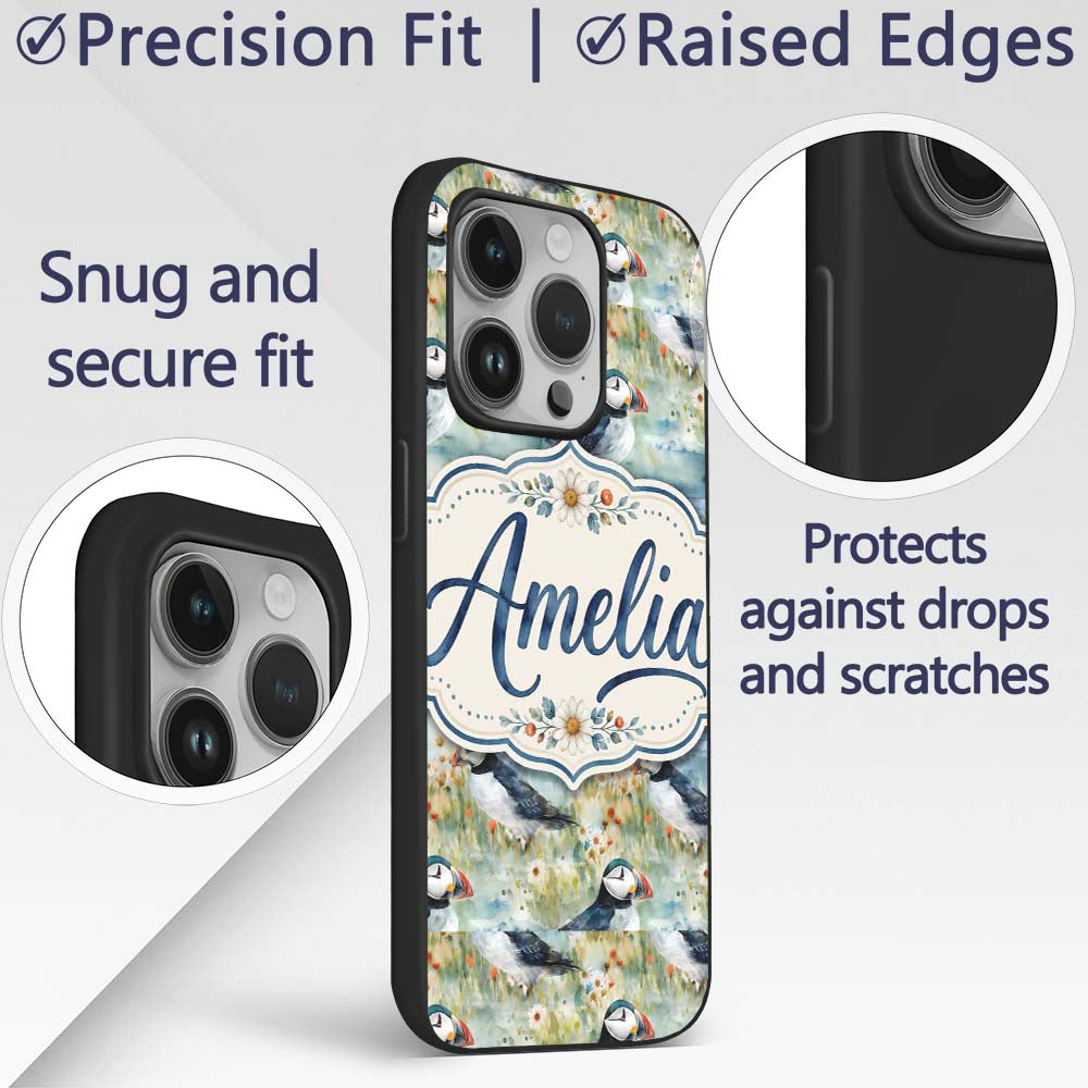 Vintage Puffin Bird and Floral Pattern Botanical Custom Name Protective Phone Case Mobile Cover Durable Everyday Smartphone Shock Resistant