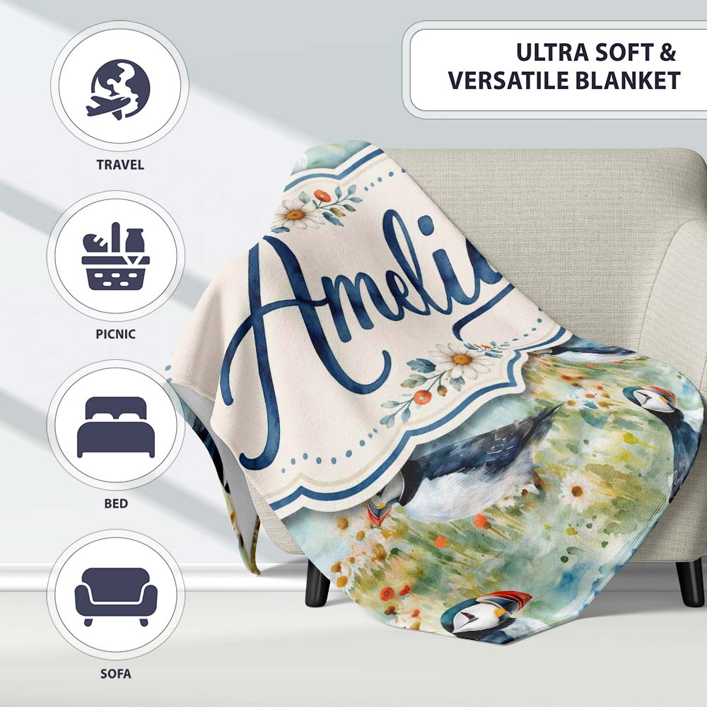 Vintage Puffin Bird and Floral Pattern Botanical Coastal Seamless Personalised Custom Name Super Soft Fleece Blanket Bed Sofa Throw
