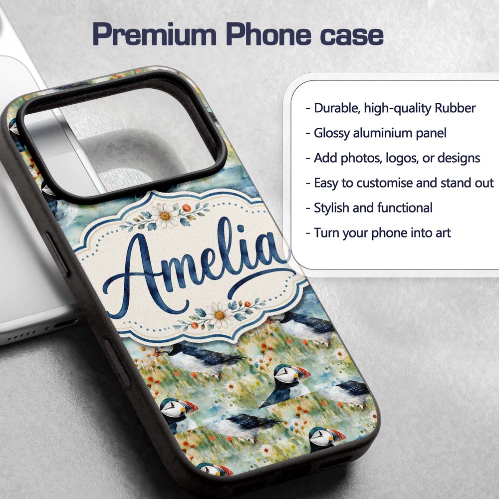 Vintage Puffin Bird and Floral Pattern Botanical Custom Name Protective Phone Case Mobile Cover Durable Everyday Smartphone Shock Resistant