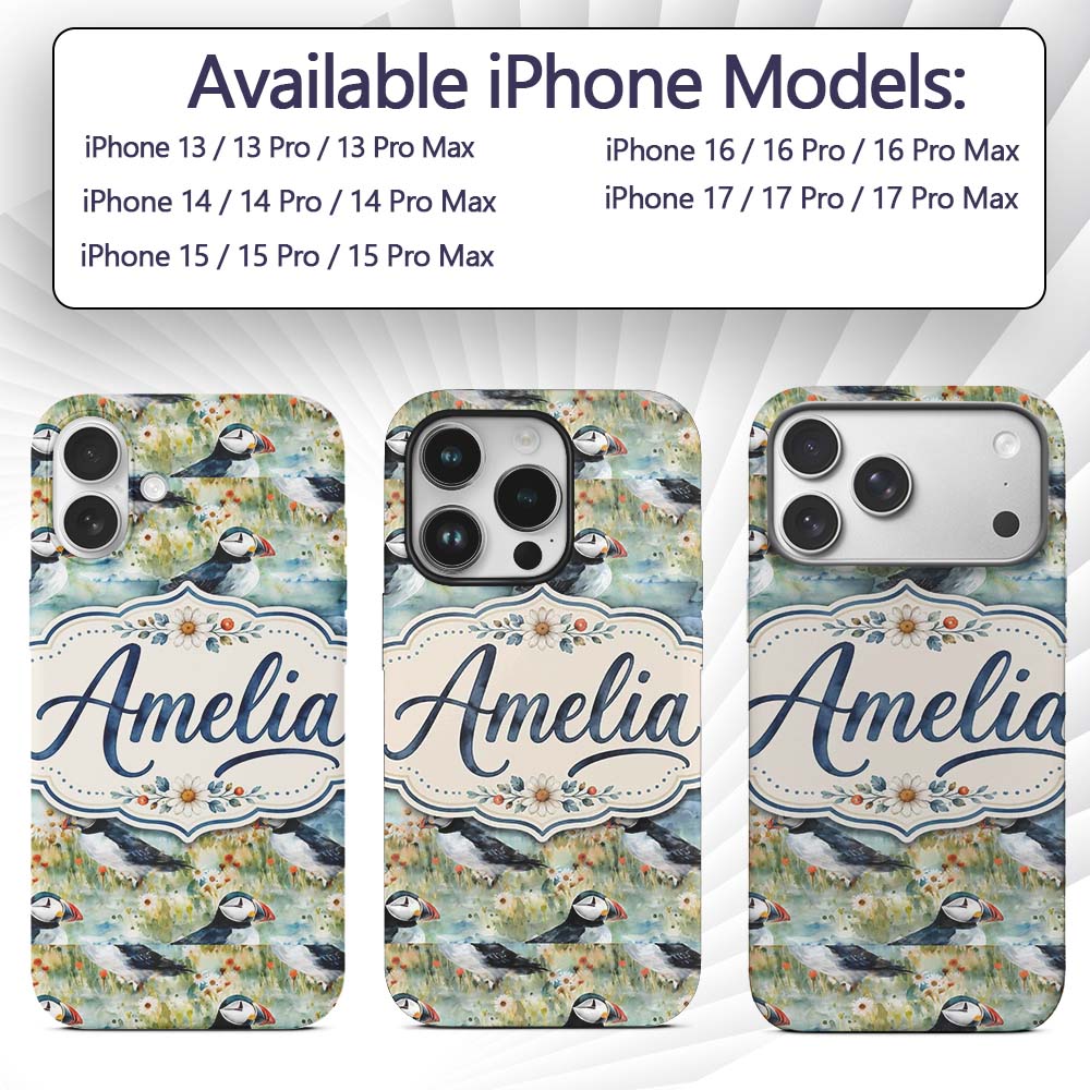 Vintage Puffin Bird and Floral Pattern Botanical Custom Name Protective Phone Case Mobile Cover Durable Everyday Smartphone Shock Resistant