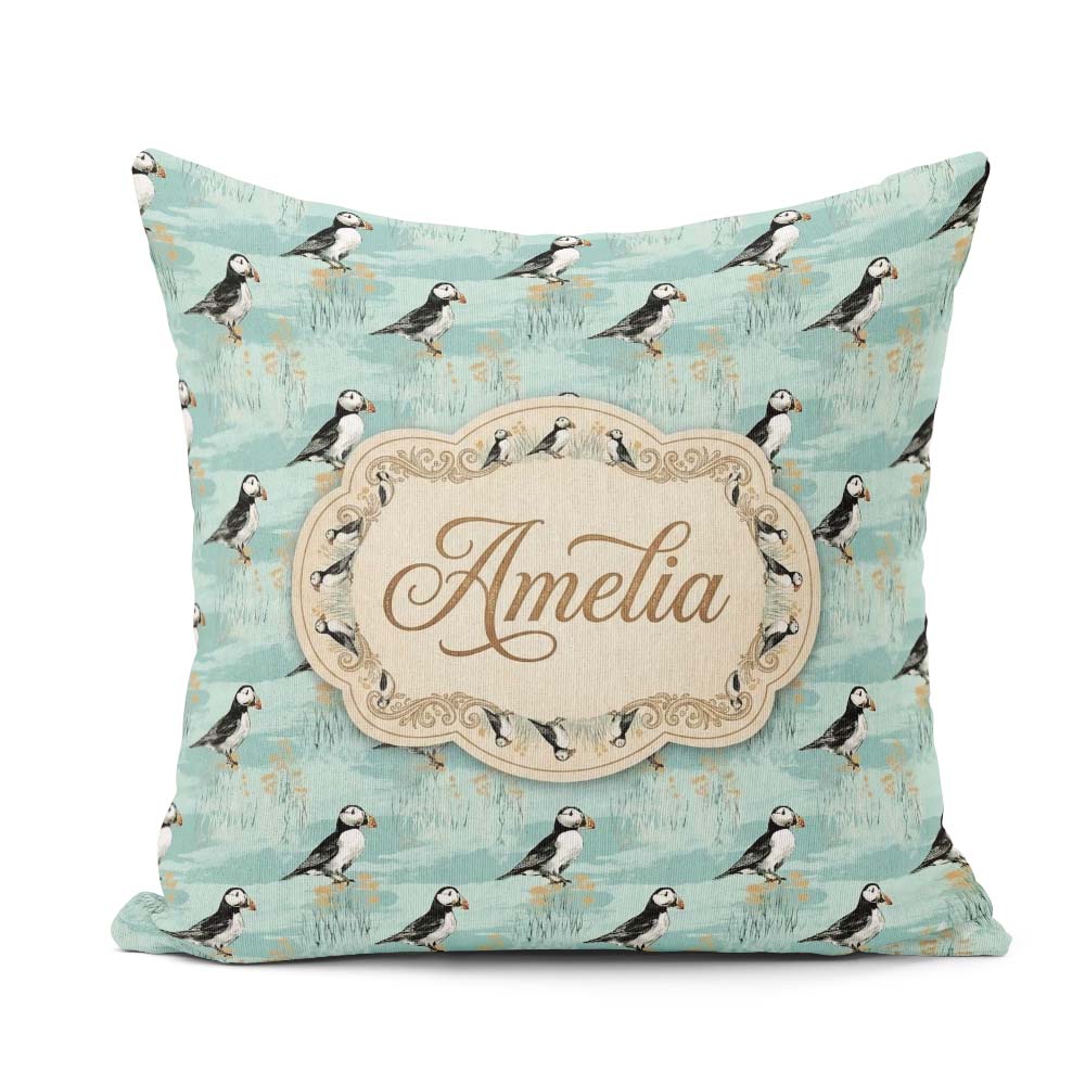 Custom Name Watercolor Puffin Meadow Pattern Wildflower Seamless Square Filled Cushion Throw Pillow Sofa Bed Home Decor Zip Washable UK Made