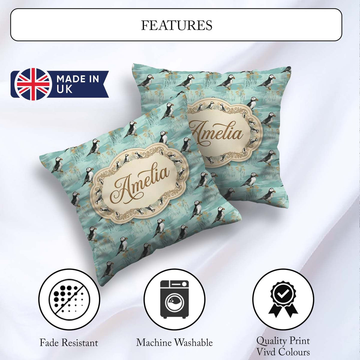 Custom Name Watercolor Puffin Meadow Pattern Wildflower Seamless Square Filled Cushion Throw Pillow Sofa Bed Home Decor Zip Washable UK Made