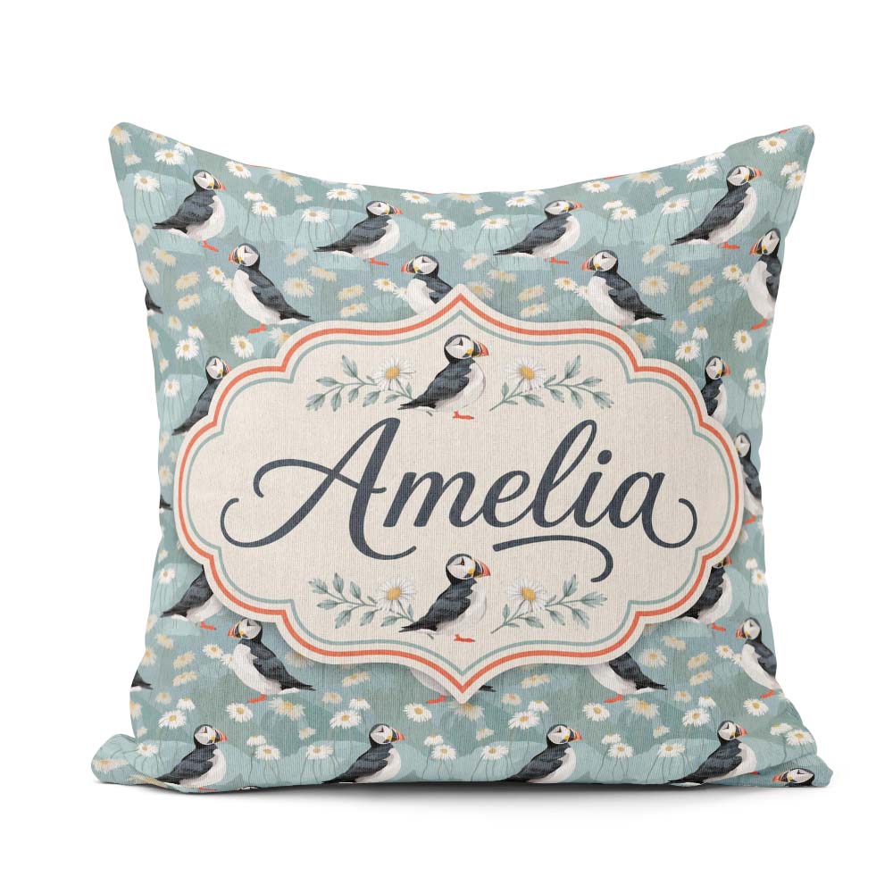 Custom Name Puffin Daisy Field Pattern Soft Blue Nature Seamless Square Filled Cushion Throw Pillow Sofa Bed Home Decor Zip Washable UK Made