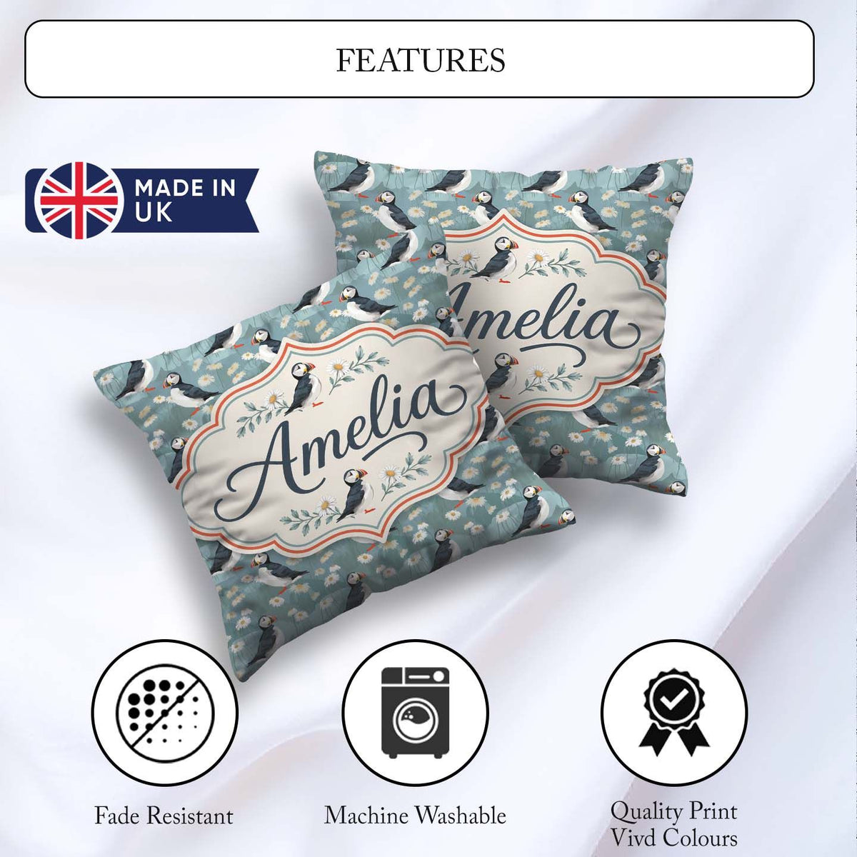 Custom Name Puffin Daisy Field Pattern Soft Blue Nature Seamless Square Filled Cushion Throw Pillow Sofa Bed Home Decor Zip Washable UK Made