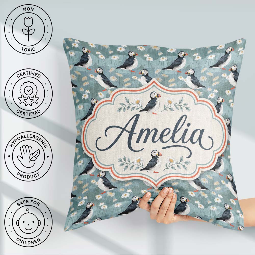 Custom Name Puffin Daisy Field Pattern Soft Blue Nature Seamless Square Filled Cushion Throw Pillow Sofa Bed Home Decor Zip Washable UK Made