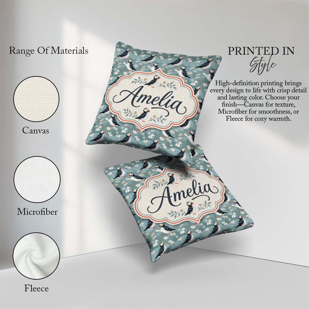 Custom Name Puffin Daisy Field Pattern Soft Blue Nature Seamless Square Filled Cushion Throw Pillow Sofa Bed Home Decor Zip Washable UK Made