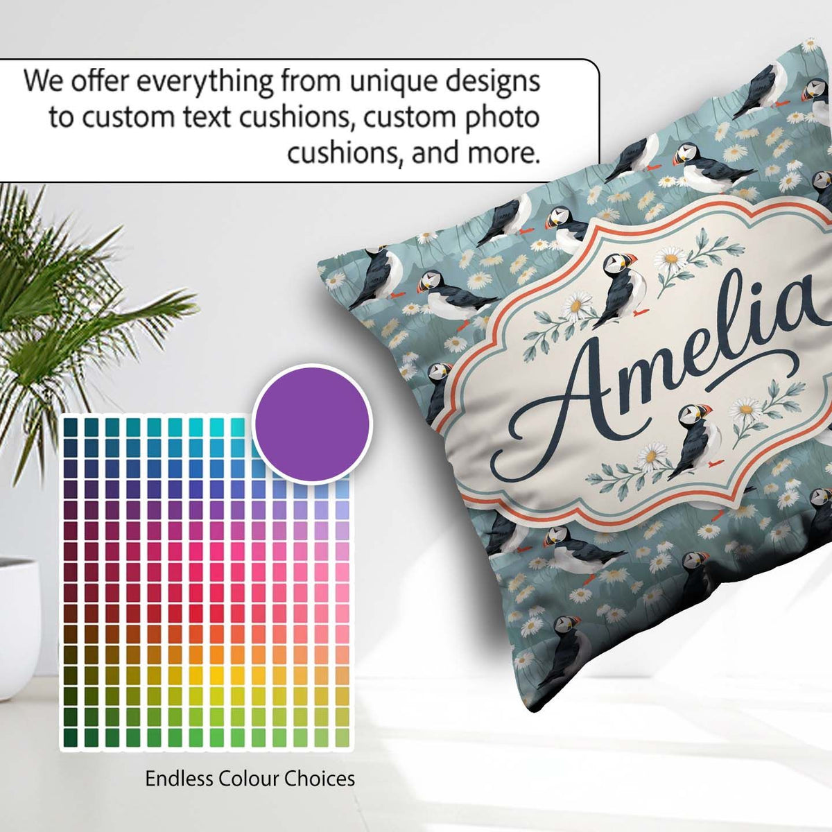 Custom Name Puffin Daisy Field Pattern Soft Blue Nature Seamless Square Filled Cushion Throw Pillow Sofa Bed Home Decor Zip Washable UK Made