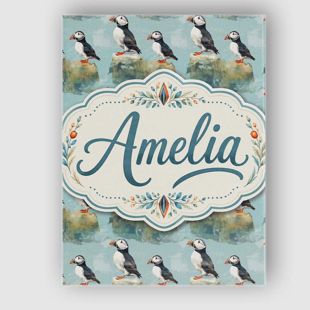 Personalised Name Puffin Bird Pattern Custom Modern Room Accent Creative Decorator Style Canvas Wall Art Print Decor Picture Ready to Hang