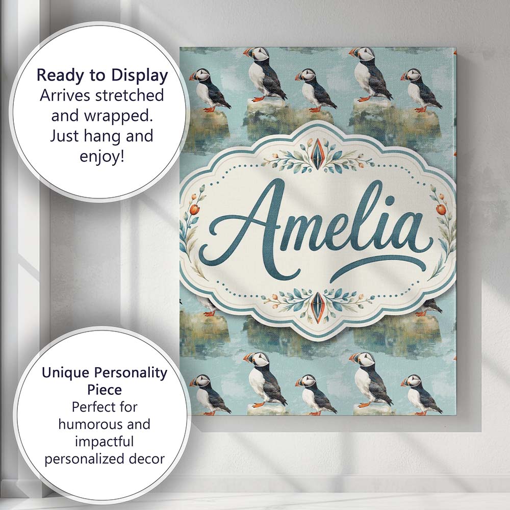 Personalised Name Puffin Bird Pattern Custom Modern Room Accent Creative Decorator Style Canvas Wall Art Print Decor Picture Ready to Hang