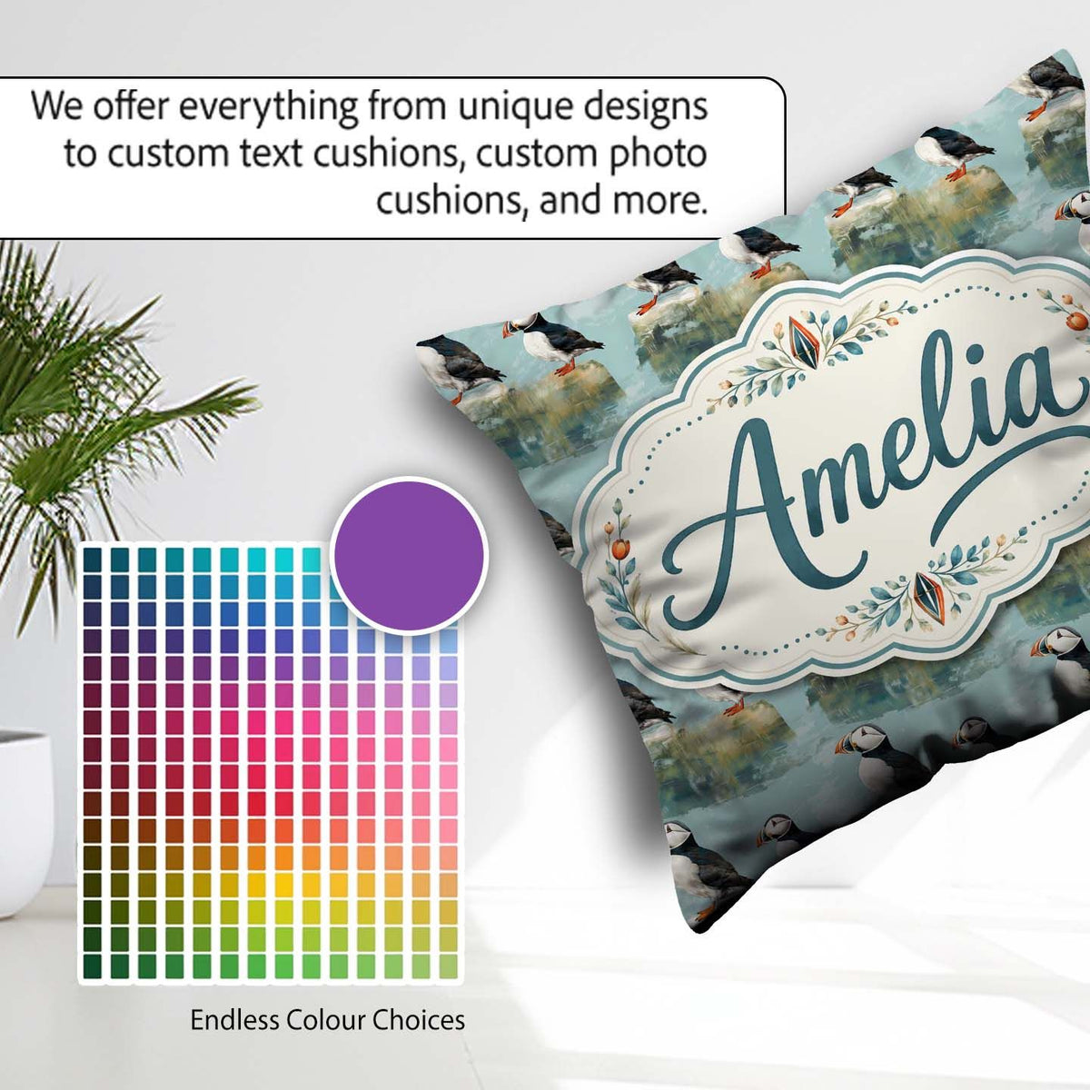 Custom Name Puffin Bird Pattern Coastal Wildlife Seamless Design Square Filled Cushion Throw Pillow Sofa Bed Home Decor Zip Washable UK Made